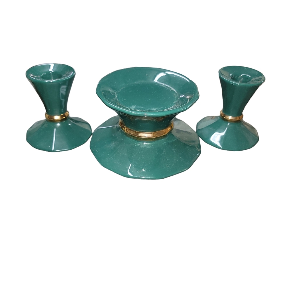 Partylite Green & Gold Candle Stand with set of 2 Tapered Candle Holder